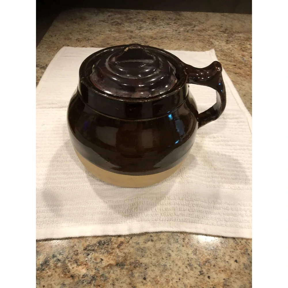 Antique Stoneware Bean Pot With Lid